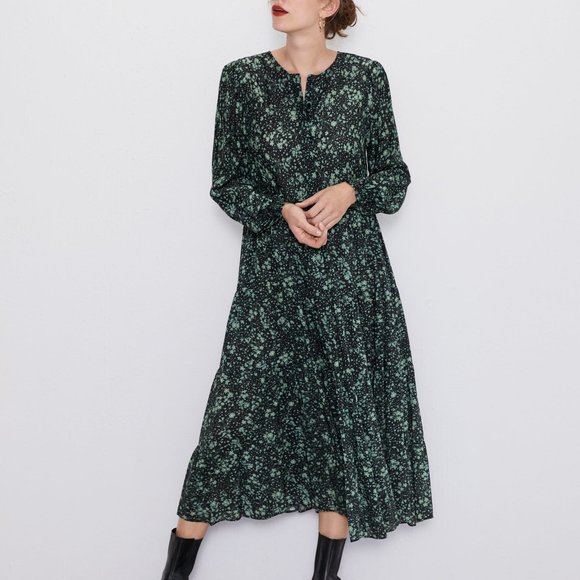 Zara PRINT DRESS-black/green-4479/243-midi - Picture 1 of 7